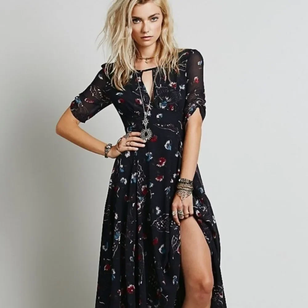 NWT Free People Blue Bonnie Butterfly Print Keyhole Chiffon Boho Midi Dress‎ 2